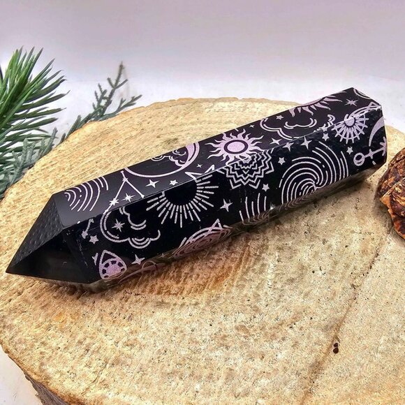 Nature Obsidian Engraved Purple Spiritual Symbols 4" Wand Point - Picture 5 of 10